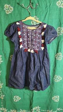 Sweet Magnolia Girls Boho Blue Embroidered Denim Tassel Smock Dress 6Y